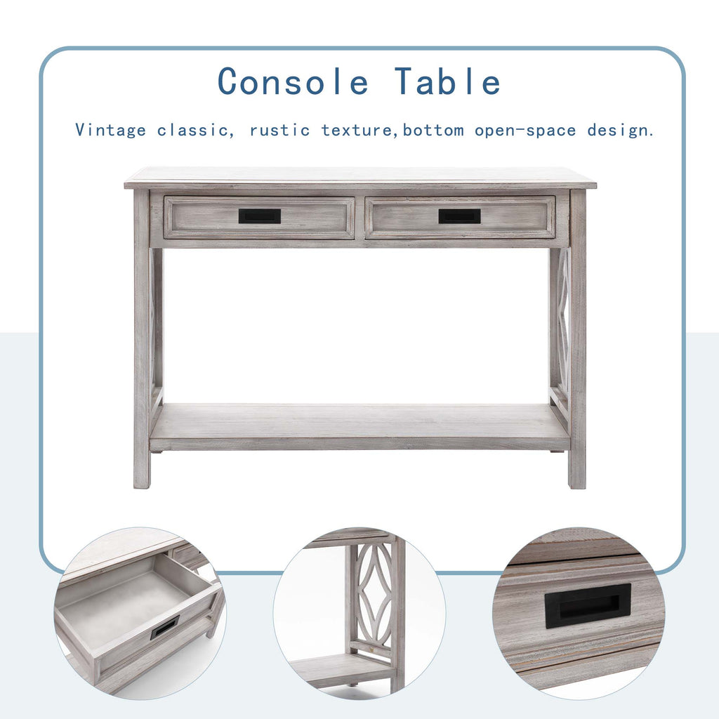 Kenvary Rustic Wood Console Table with 2 Drawers, Coastal Farmhouse Sofa Table with Open Storage Shelf & Geometric Cutout Sides, Distressed White-Washed Entryway Accent Credenza for Living Room & Hallway