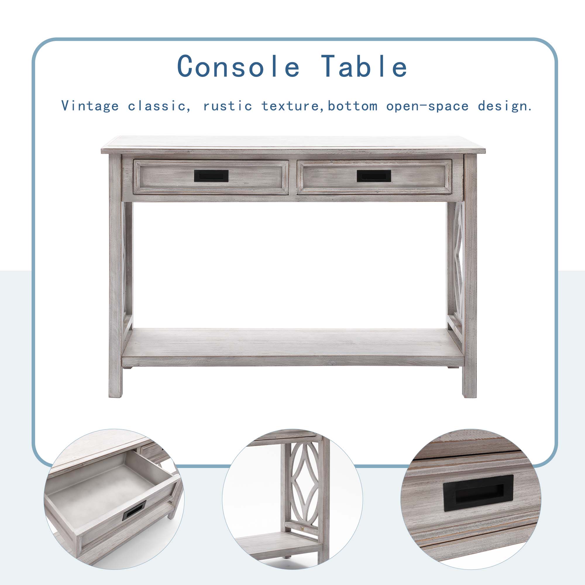 Kenvary Rustic Wood Console Table with 2 Drawers, Coastal Farmhouse Sofa Table with Open Storage Shelf & Geometric Cutout Sides, Distressed White-Washed Entryway Accent Credenza for Living Room & Hallway