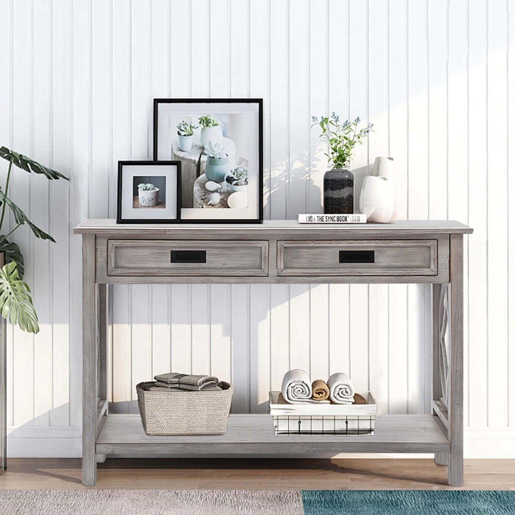 Kenvary Rustic Wood Console Table with 2 Drawers, Coastal Farmhouse Sofa Table with Open Storage Shelf & Geometric Cutout Sides, Distressed White-Washed Entryway Accent Credenza for Living Room & Hallway