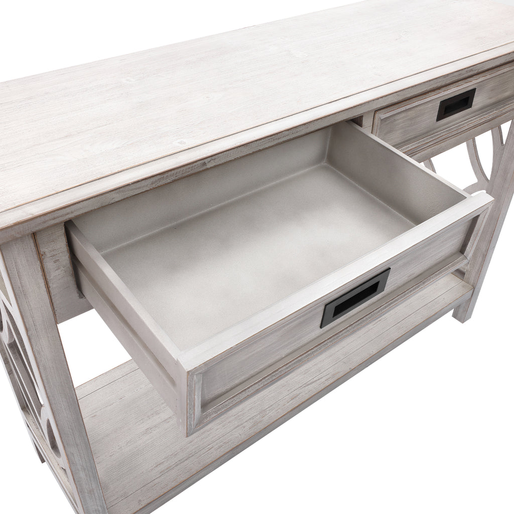 Kenvary Rustic Wood Console Table with 2 Drawers, Coastal Farmhouse Sofa Table with Open Storage Shelf & Geometric Cutout Sides, Distressed White-Washed Entryway Accent Credenza for Living Room & Hallway