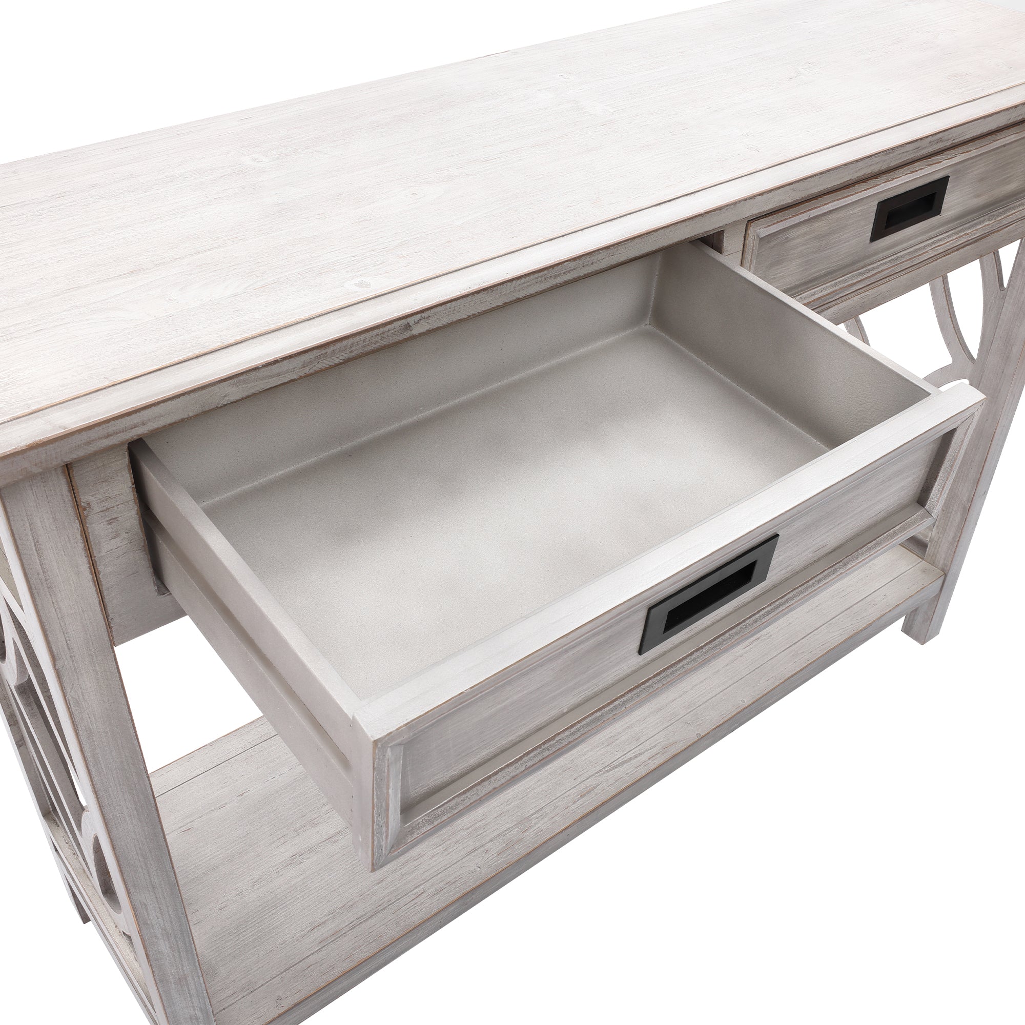 Kenvary Rustic Wood Console Table with 2 Drawers, Coastal Farmhouse Sofa Table with Open Storage Shelf & Geometric Cutout Sides, Distressed White-Washed Entryway Accent Credenza for Living Room & Hallway