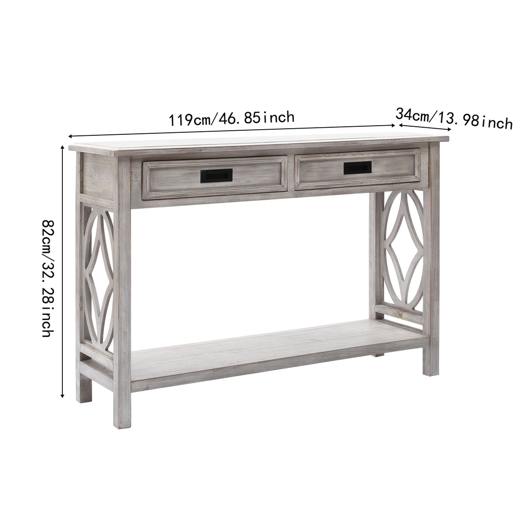 Kenvary Rustic Wood Console Table with 2 Drawers, Coastal Farmhouse Sofa Table with Open Storage Shelf & Geometric Cutout Sides, Distressed White-Washed Entryway Accent Credenza for Living Room & Hallway
