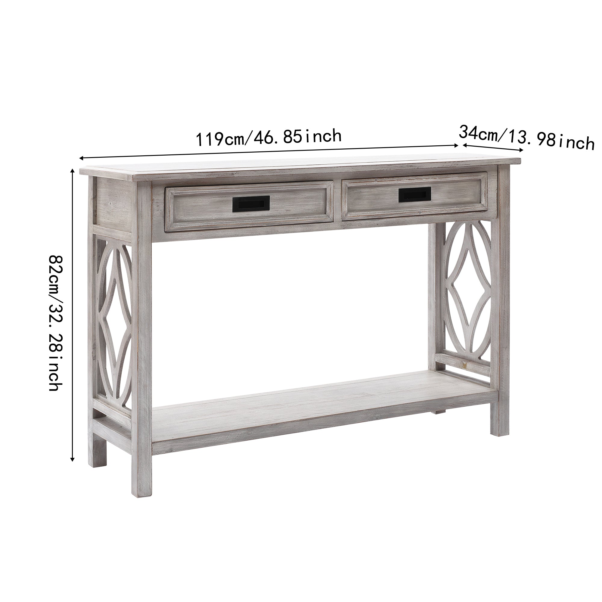 Kenvary Rustic Wood Console Table with 2 Drawers, Coastal Farmhouse Sofa Table with Open Storage Shelf & Geometric Cutout Sides, Distressed White-Washed Entryway Accent Credenza for Living Room & Hallway
