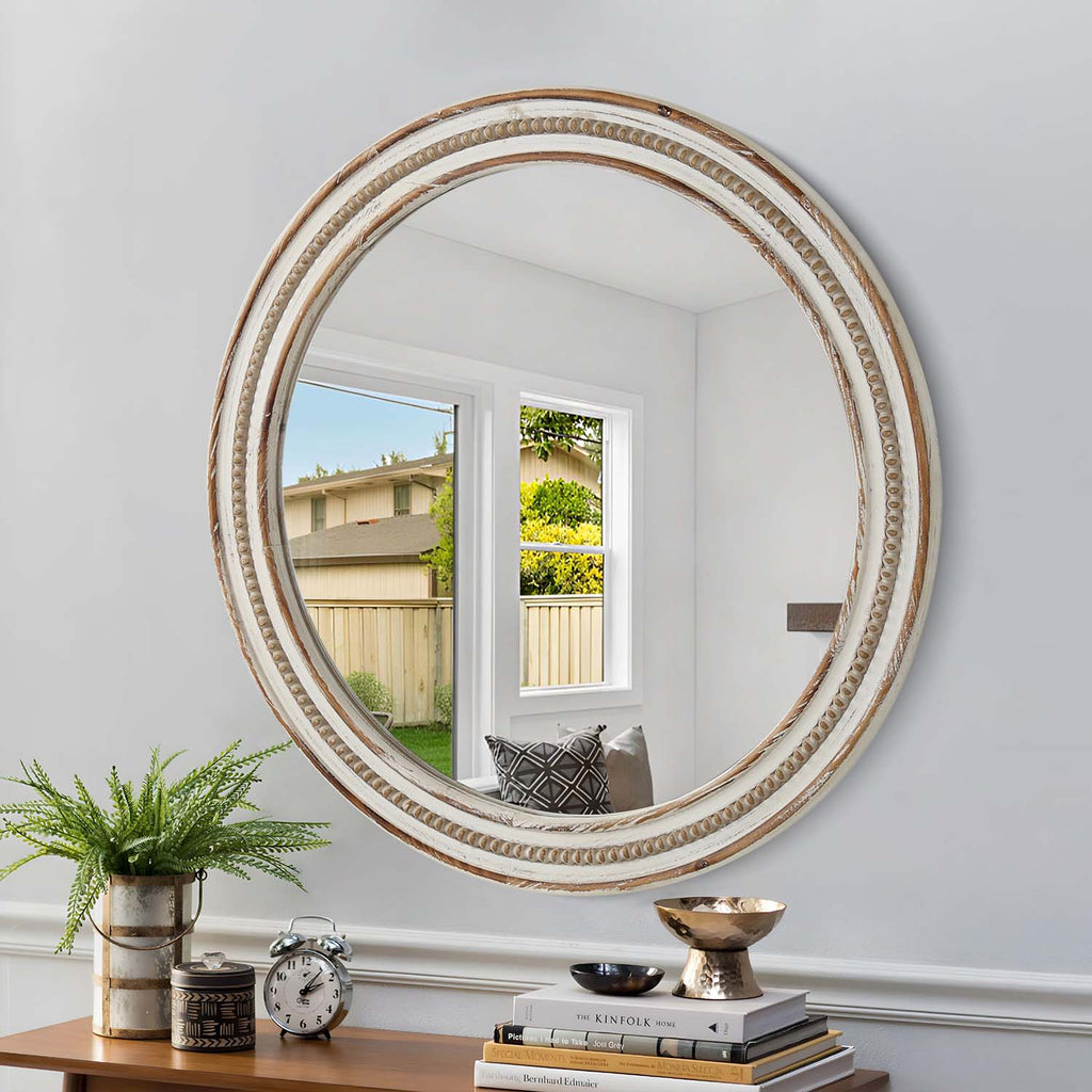 Kenvary 24" Large Round Wall Mirror, Hand-Carved Wood Frame Decorative Mirror for Entryway, Living Room, Bathroom Vanity, Distressed White & Natural Wood