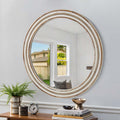 Kenvary 24" Large Round Wall Mirror, Hand-Carved Wood Frame Decorative Mirror for Entryway, Living Room, Bathroom Vanity, Distressed White & Natural Wood