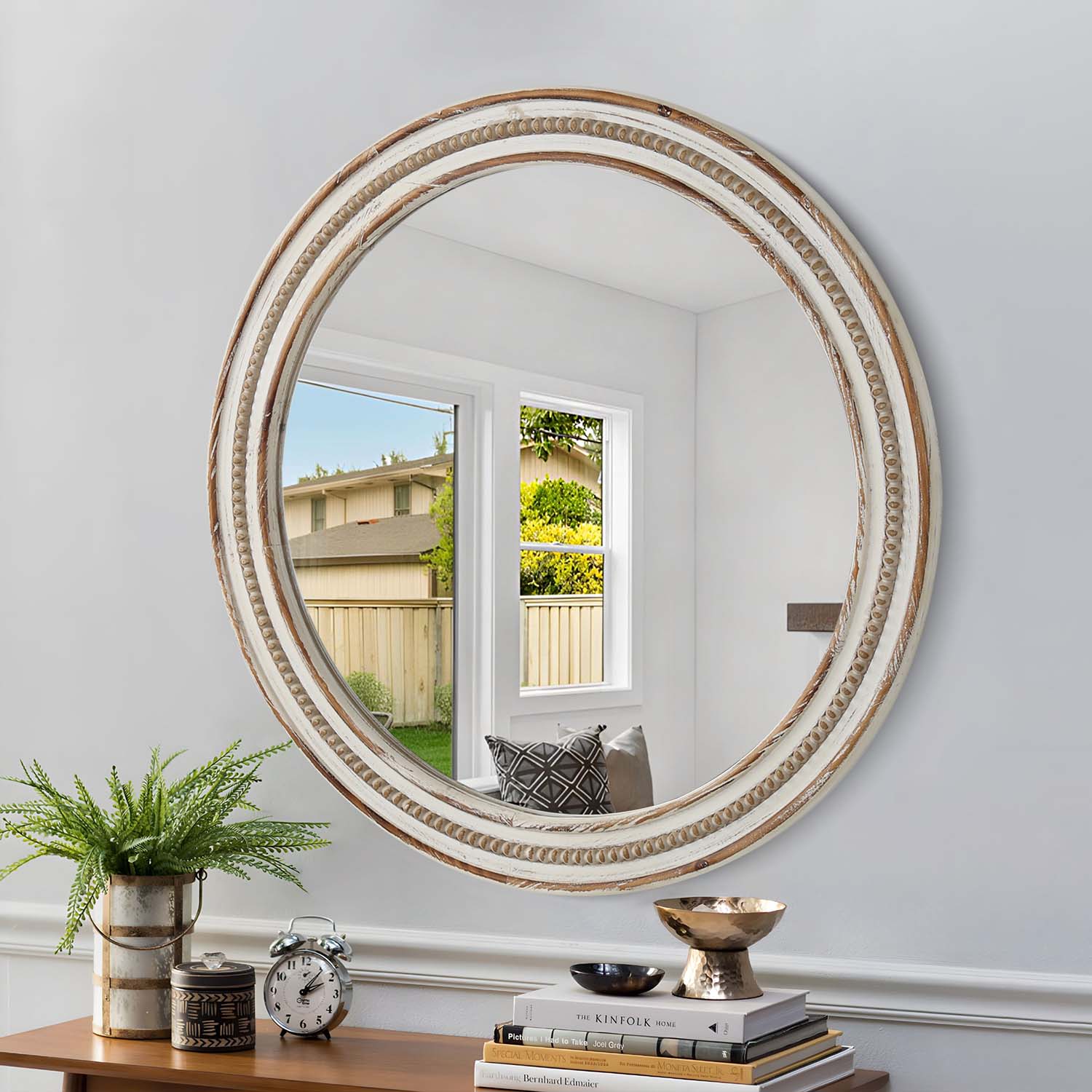 Kenvary 24" Large Round Wall Mirror, Hand-Carved Wood Frame Decorative Mirror for Entryway, Living Room, Bathroom Vanity, Distressed White & Natural Wood