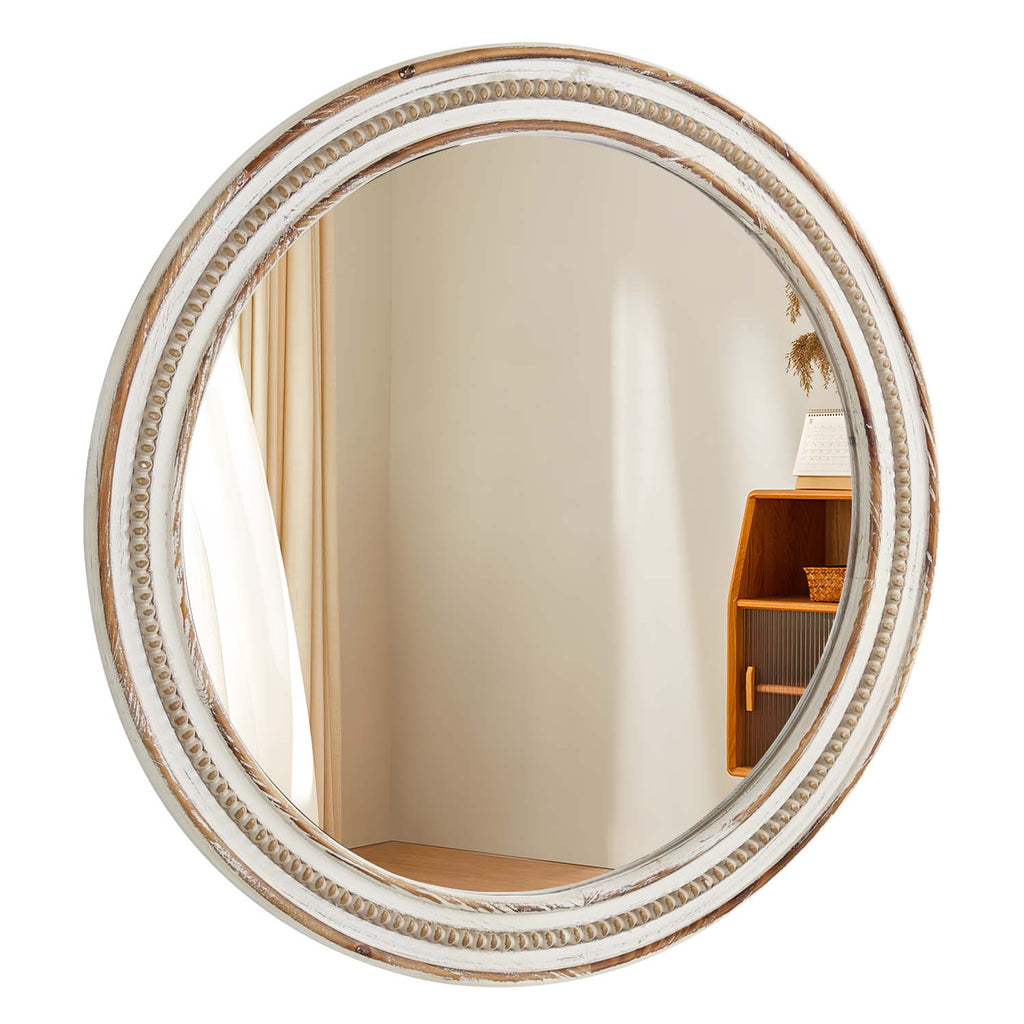 Kenvary 24" Large Round Wall Mirror, Hand-Carved Wood Frame Decorative Mirror for Entryway, Living Room, Bathroom Vanity, Distressed White & Natural Wood