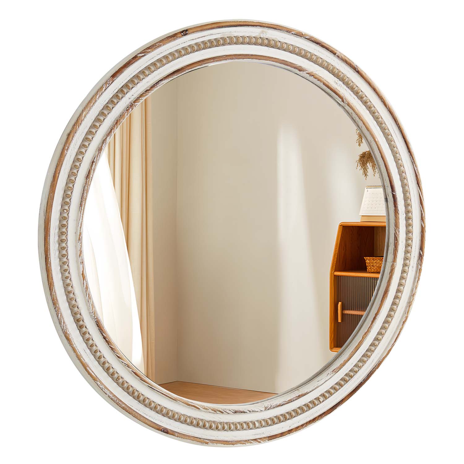 Kenvary 24" Large Round Wall Mirror, Hand-Carved Wood Frame Decorative Mirror for Entryway, Living Room, Bathroom Vanity, Distressed White & Natural Wood