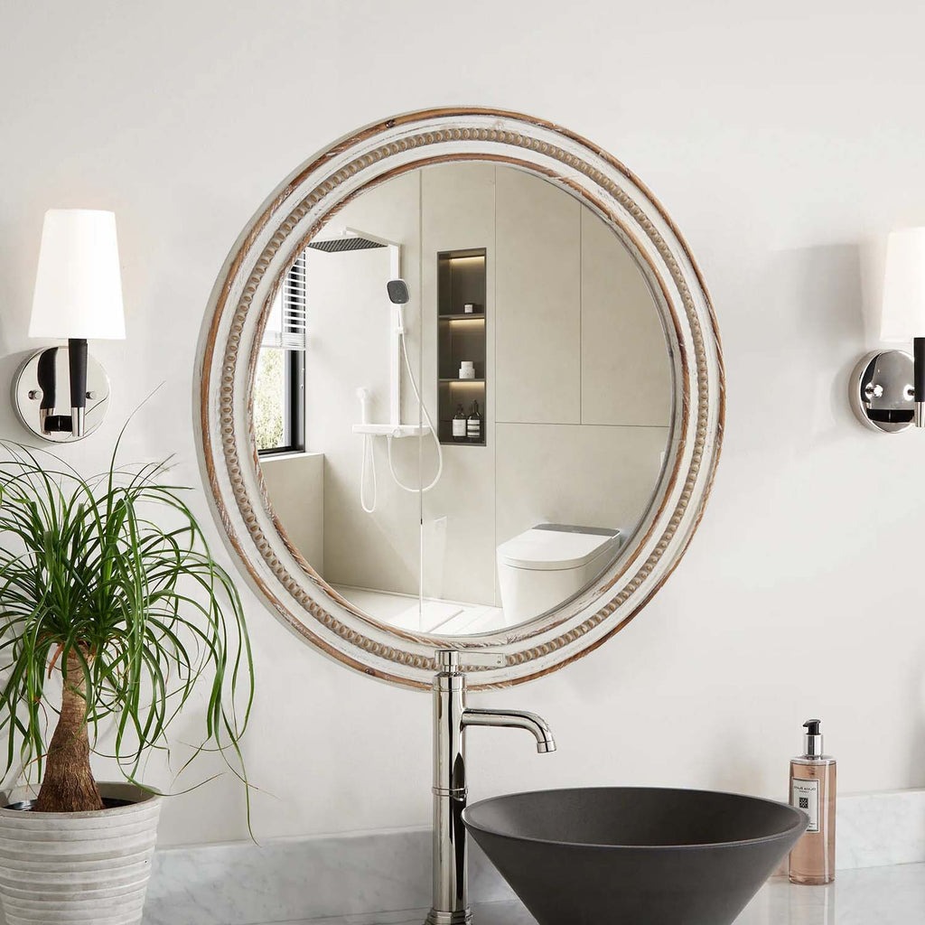 Kenvary 24" Large Round Wall Mirror, Hand-Carved Wood Frame Decorative Mirror for Entryway, Living Room, Bathroom Vanity, Distressed White & Natural Wood