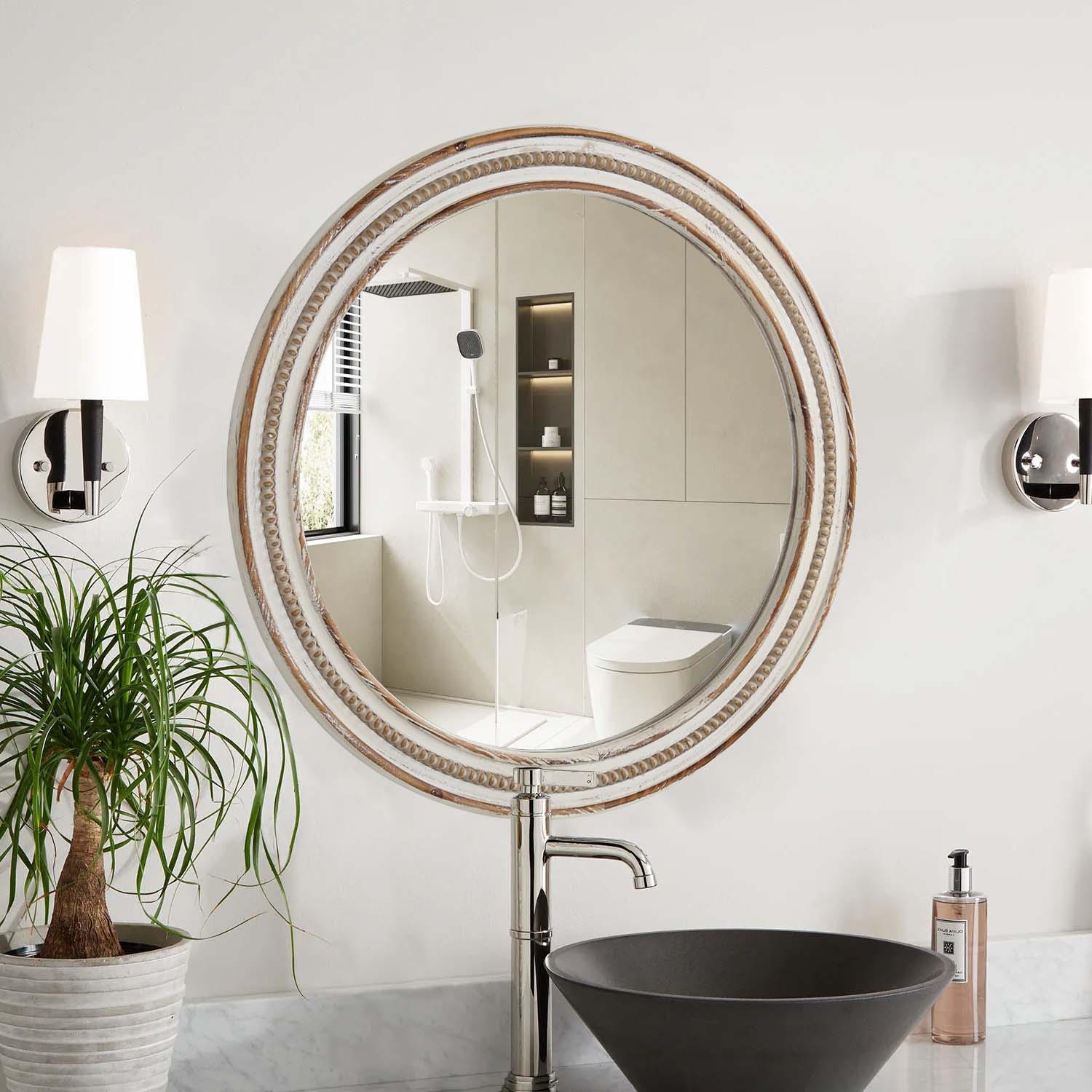 Kenvary 24" Large Round Wall Mirror, Hand-Carved Wood Frame Decorative Mirror for Entryway, Living Room, Bathroom Vanity, Distressed White & Natural Wood