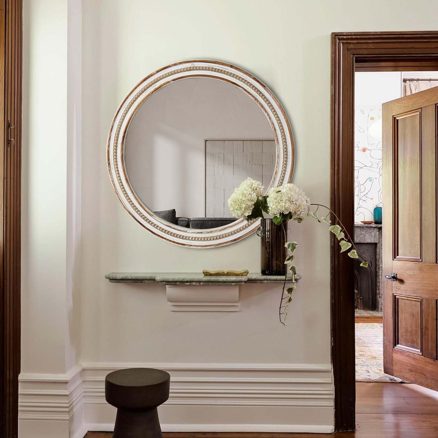 Kenvary 24" Large Round Wall Mirror, Hand-Carved Wood Frame Decorative Mirror for Entryway, Living Room, Bathroom Vanity, Distressed White & Natural Wood