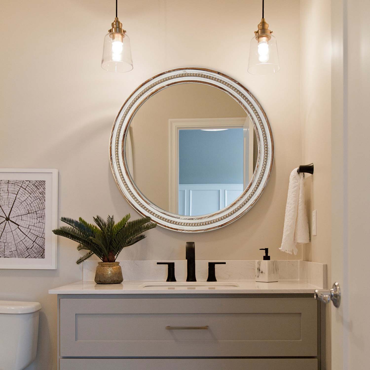 Kenvary 24" Large Round Wall Mirror, Hand-Carved Wood Frame Decorative Mirror for Entryway, Living Room, Bathroom Vanity, Distressed White & Natural Wood