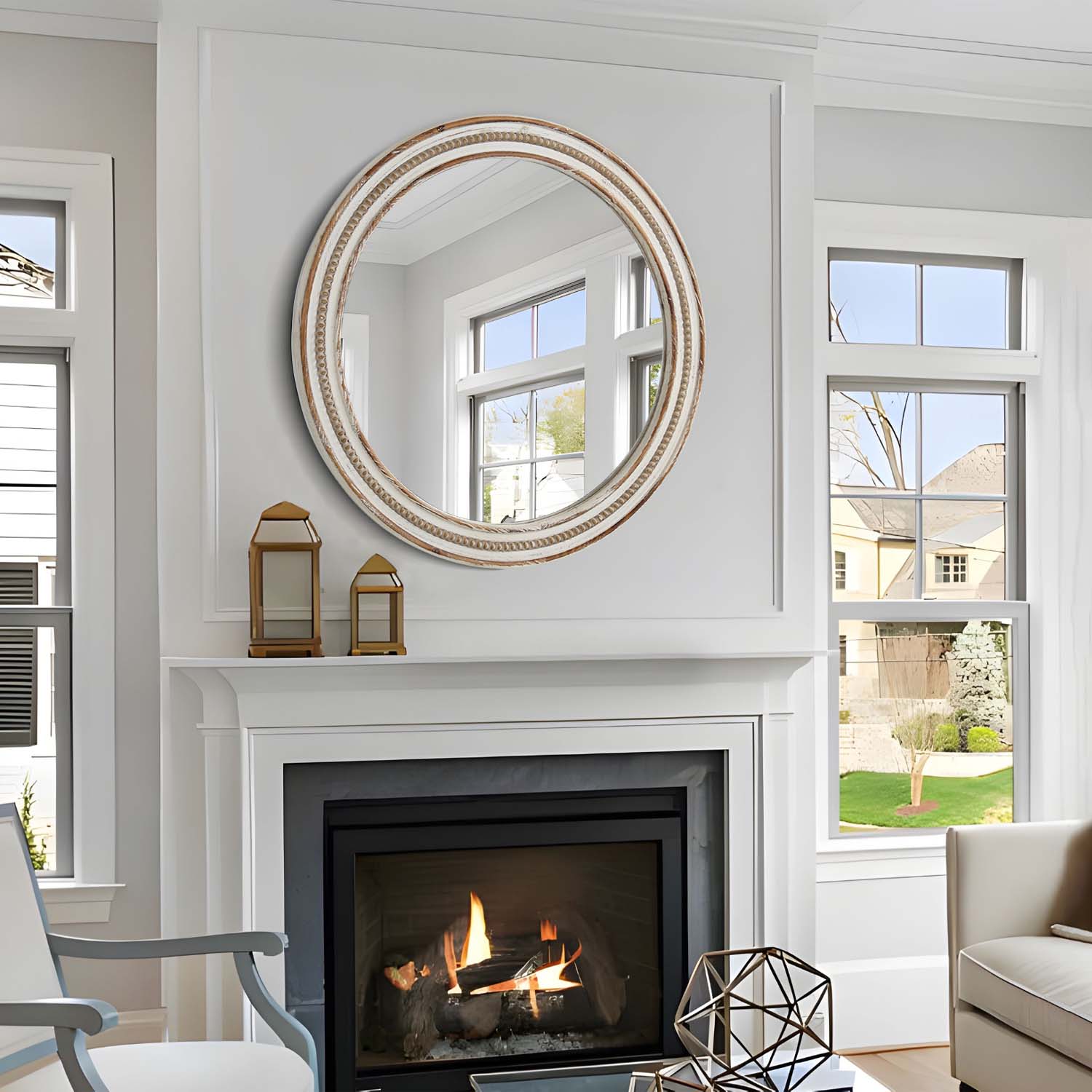 Kenvary 24" Large Round Wall Mirror, Hand-Carved Wood Frame Decorative Mirror for Entryway, Living Room, Bathroom Vanity, Distressed White & Natural Wood