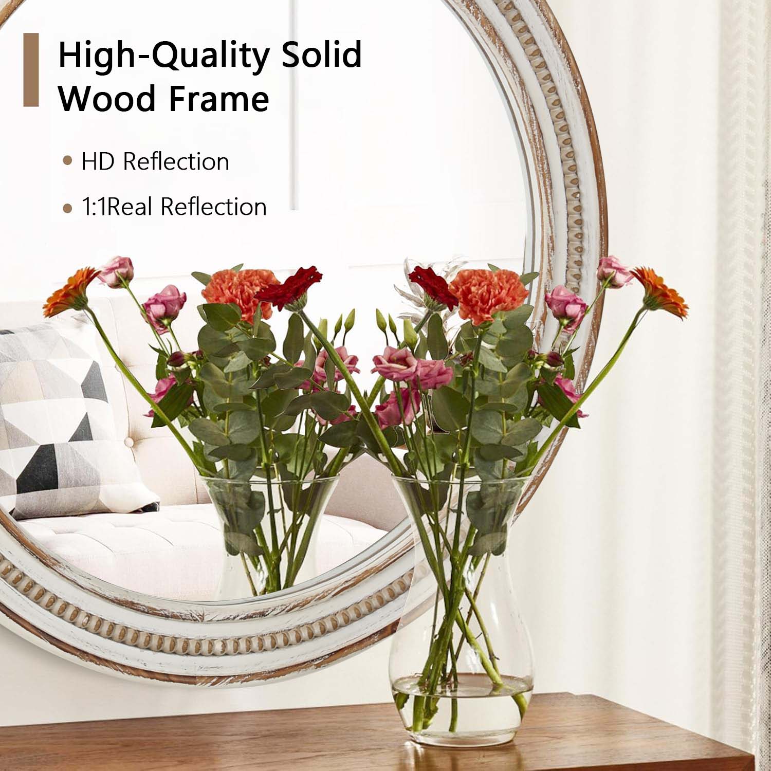 Kenvary 24" Large Round Wall Mirror, Hand-Carved Wood Frame Decorative Mirror for Entryway, Living Room, Bathroom Vanity, Distressed White & Natural Wood