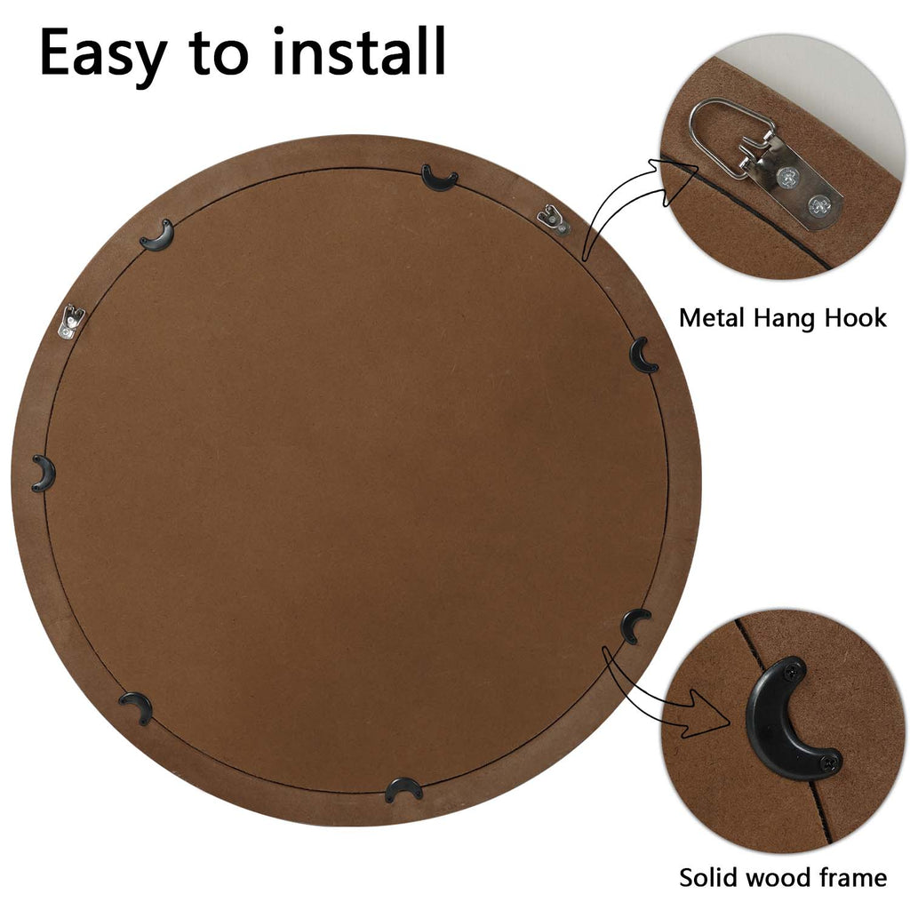 Kenvary 24" Large Round Wall Mirror, Hand-Carved Wood Frame Decorative Mirror for Entryway, Living Room, Bathroom Vanity, Distressed White & Natural Wood