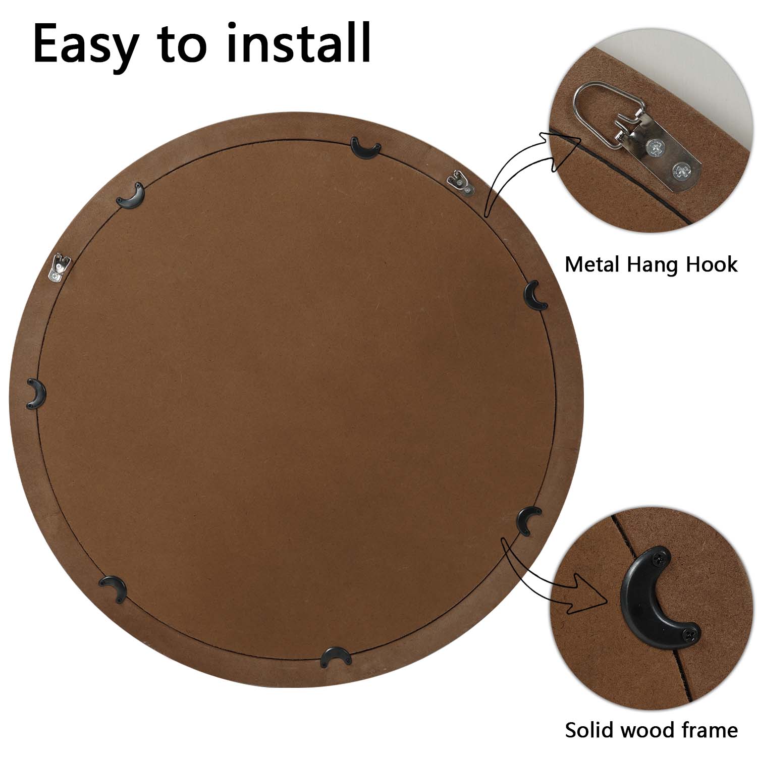 Kenvary 24" Large Round Wall Mirror, Hand-Carved Wood Frame Decorative Mirror for Entryway, Living Room, Bathroom Vanity, Distressed White & Natural Wood