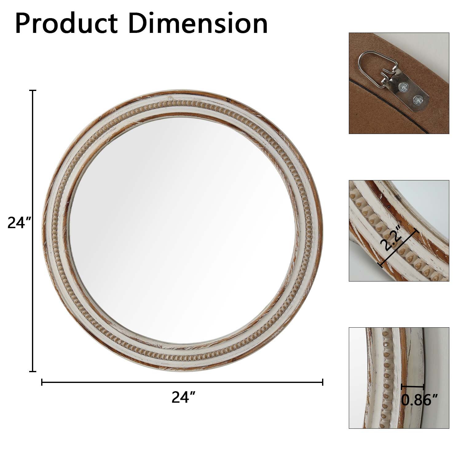 Kenvary 24" Large Round Wall Mirror, Hand-Carved Wood Frame Decorative Mirror for Entryway, Living Room, Bathroom Vanity, Distressed White & Natural Wood