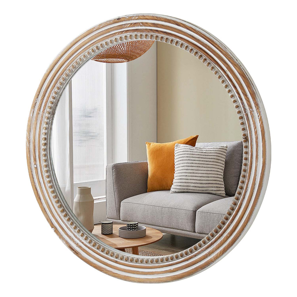 Kenvary 24" Rustic Round Wooden Wall Mirror, Distressed White Hand-Carved Bead Circle Mirror for Living Room, Cozy Bedroom, Entryway & Gallery Wall