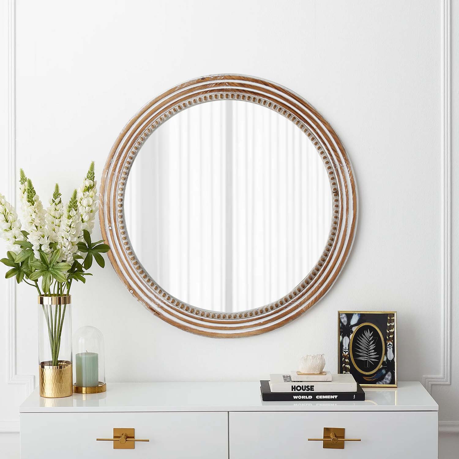 Kenvary 24" Rustic Round Wooden Wall Mirror, Distressed White Hand-Carved Bead Circle Mirror for Living Room, Cozy Bedroom, Entryway & Gallery Wall