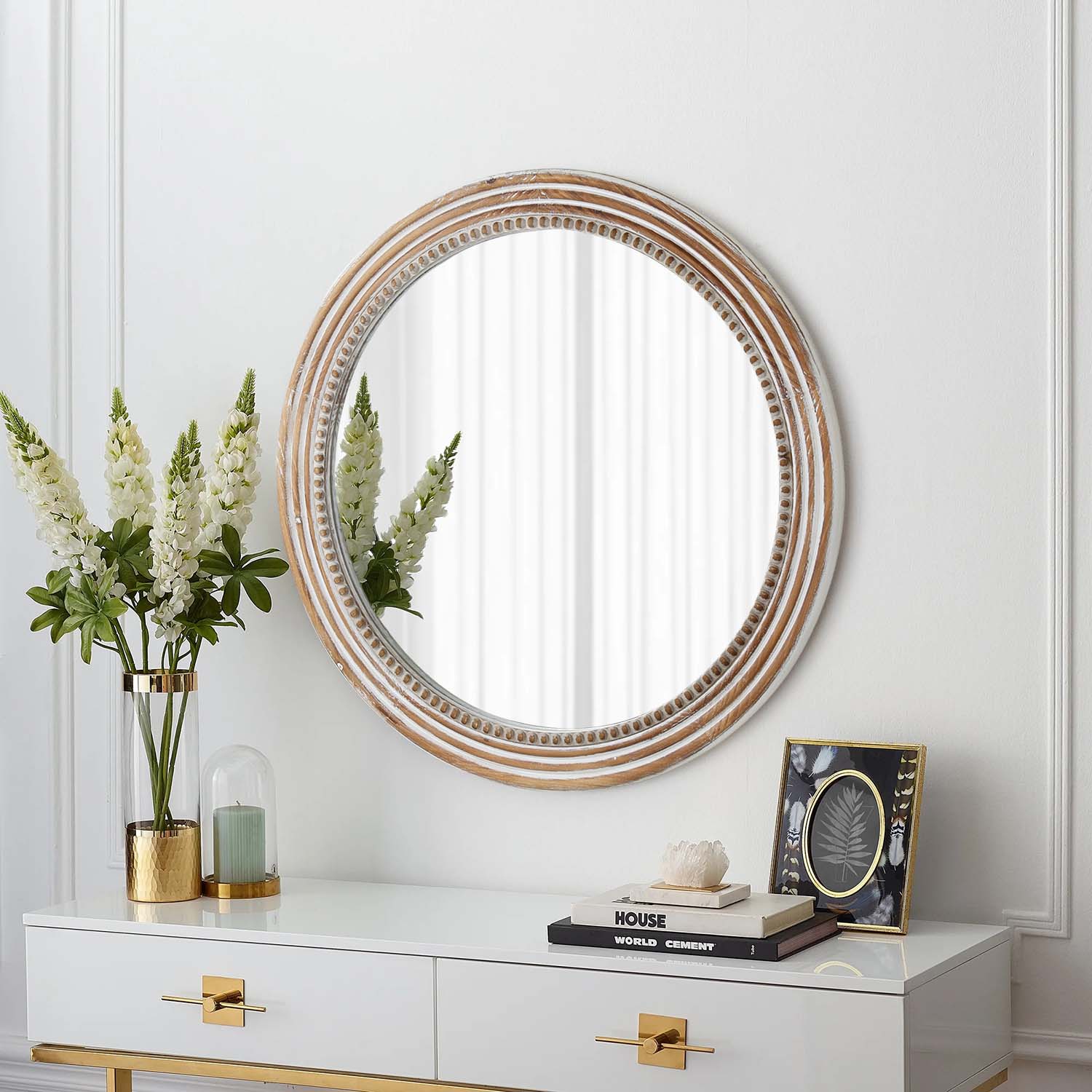 Kenvary 24" Rustic Round Wooden Wall Mirror, Distressed White Hand-Carved Bead Circle Mirror for Living Room, Cozy Bedroom, Entryway & Gallery Wall