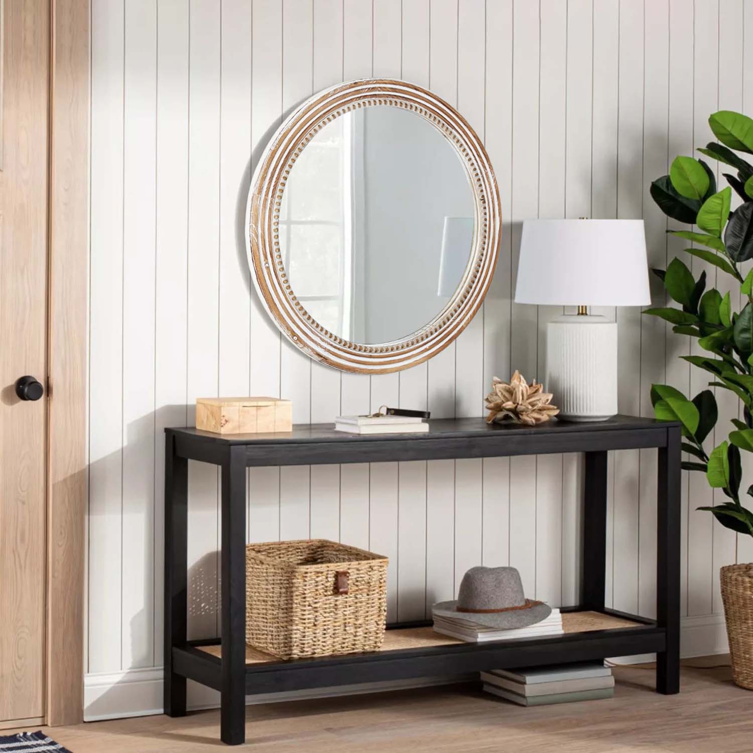 Kenvary 24" Rustic Round Wooden Wall Mirror, Distressed White Hand-Carved Bead Circle Mirror for Living Room, Cozy Bedroom, Entryway & Gallery Wall