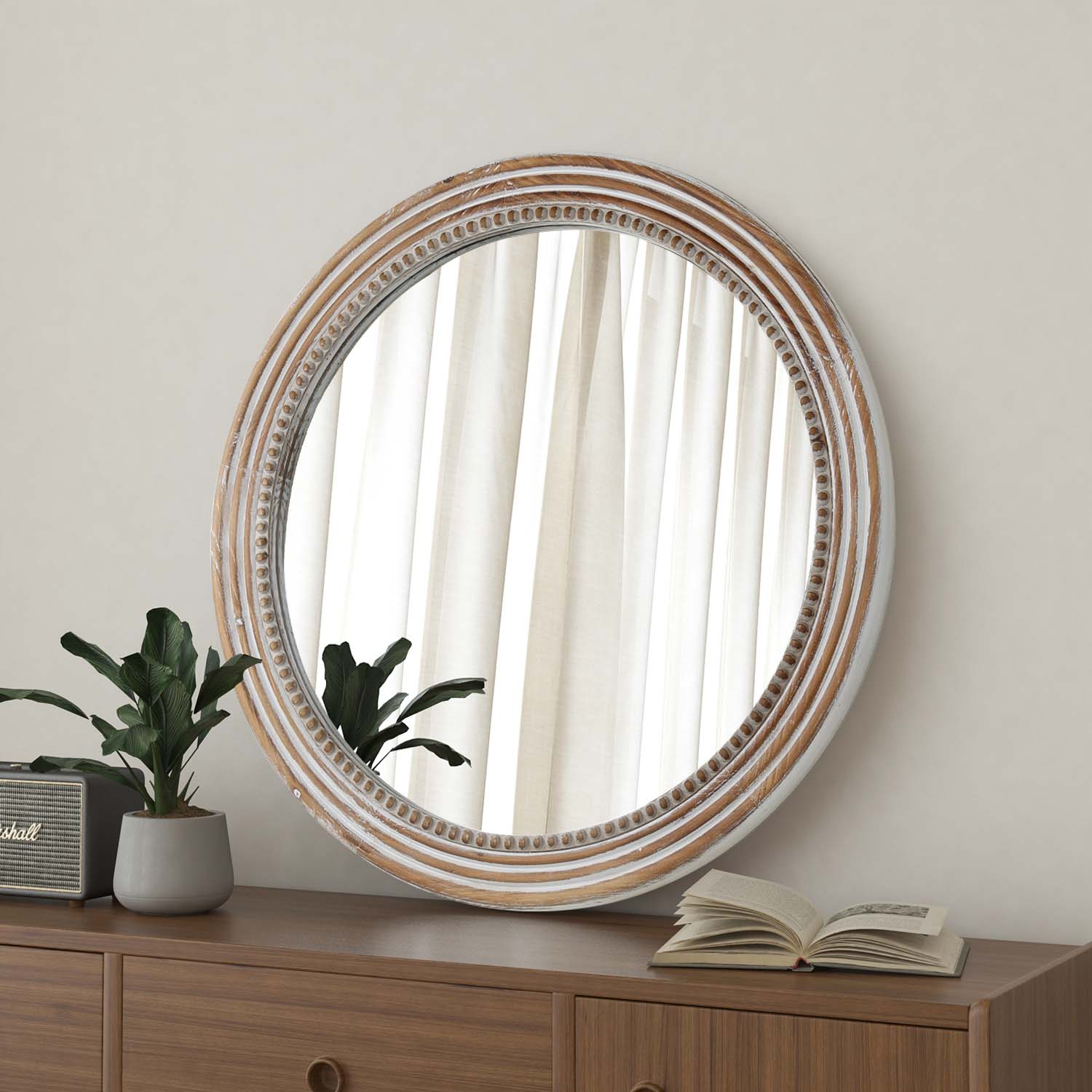 Kenvary 24" Rustic Round Wooden Wall Mirror, Distressed White Hand-Carved Bead Circle Mirror for Living Room, Cozy Bedroom, Entryway & Gallery Wall