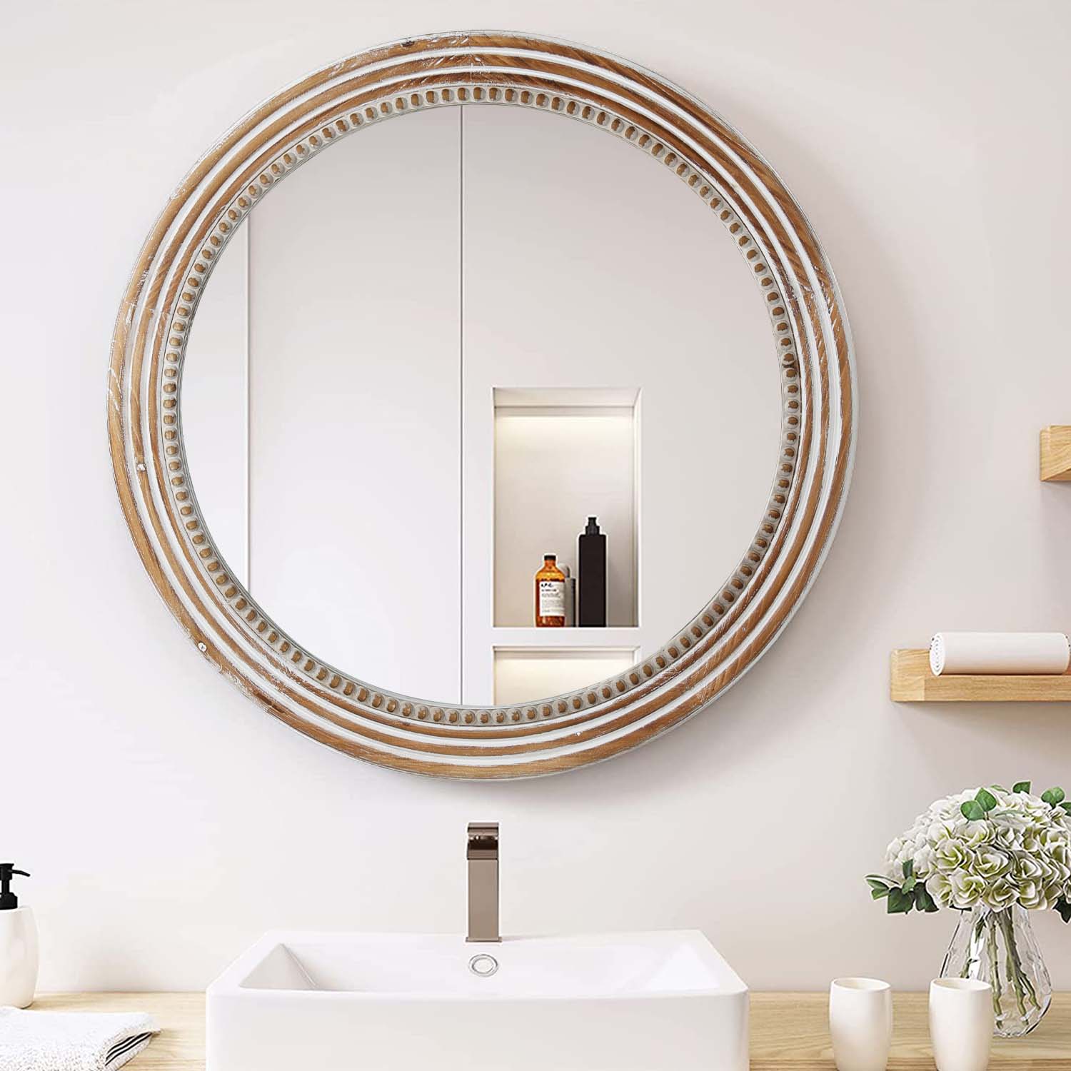 Kenvary 24" Rustic Round Wooden Wall Mirror, Distressed White Hand-Carved Bead Circle Mirror for Living Room, Cozy Bedroom, Entryway & Gallery Wall