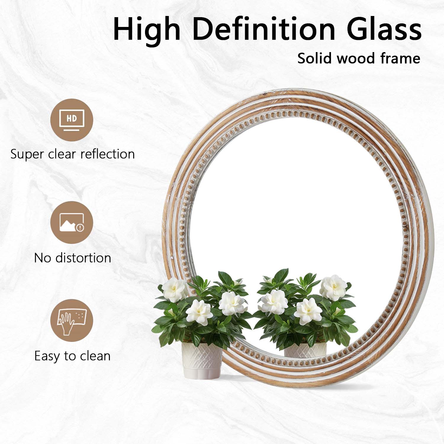 Kenvary 24" Rustic Round Wooden Wall Mirror, Distressed White Hand-Carved Bead Circle Mirror for Living Room, Cozy Bedroom, Entryway & Gallery Wall