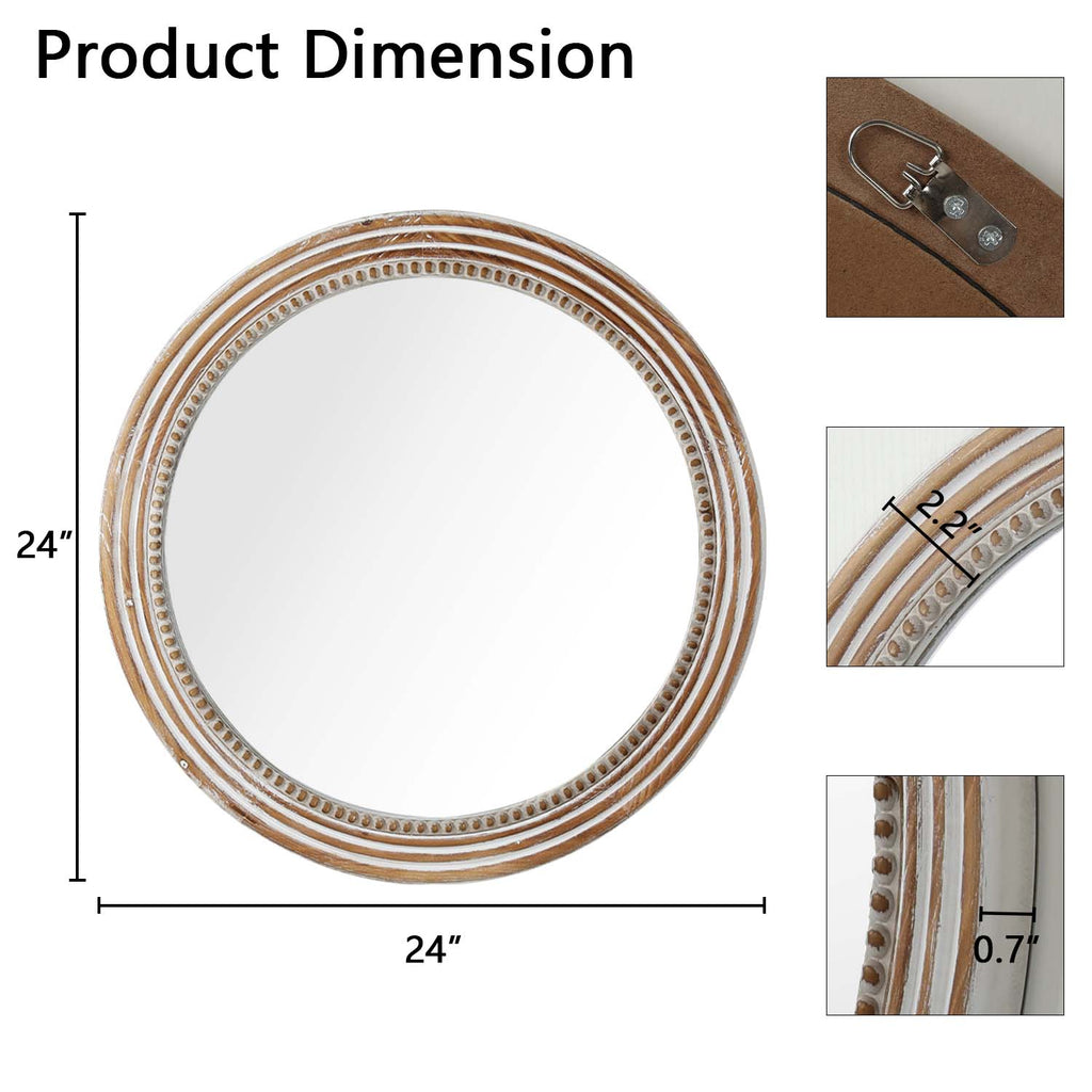 Kenvary 24" Rustic Round Wooden Wall Mirror, Distressed White Hand-Carved Bead Circle Mirror for Living Room, Cozy Bedroom, Entryway & Gallery Wall