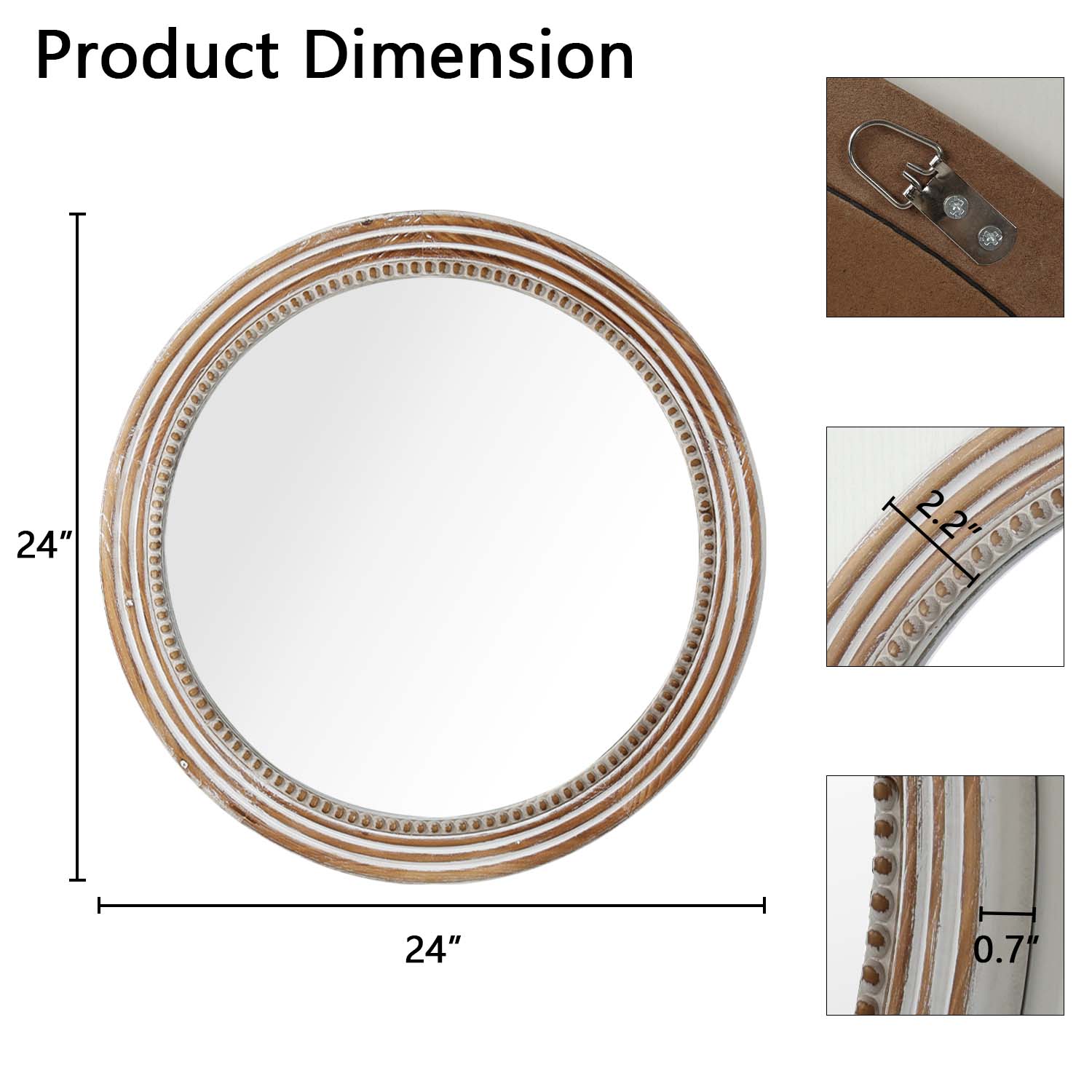 Kenvary 24" Rustic Round Wooden Wall Mirror, Distressed White Hand-Carved Bead Circle Mirror for Living Room, Cozy Bedroom, Entryway & Gallery Wall