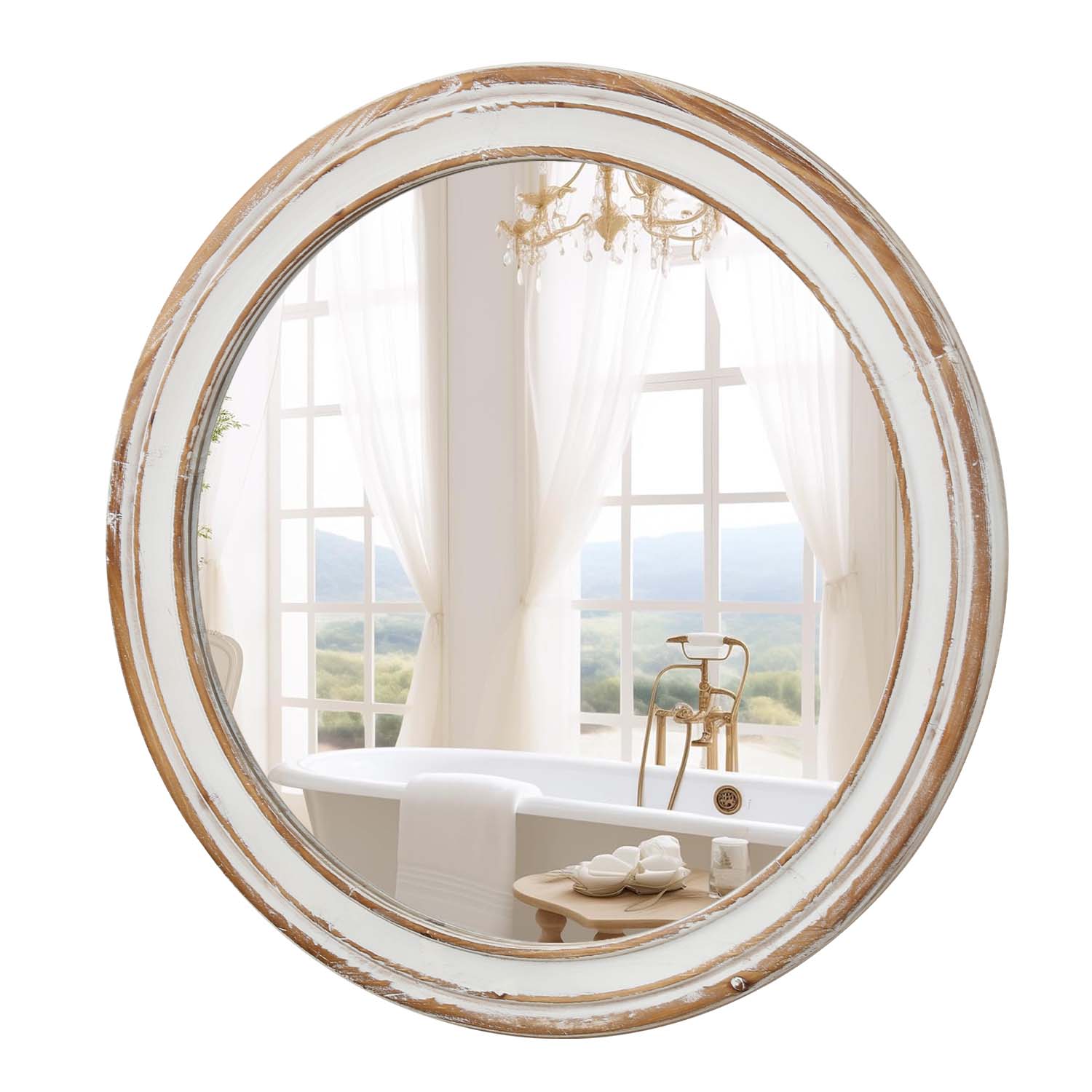 Kenvary 24" French Country Round Wall Mirror, Vintage Wood Frame Vanity Mirror for Premium Bathroom, Shabby Chic Distressed White Decorative Mirror