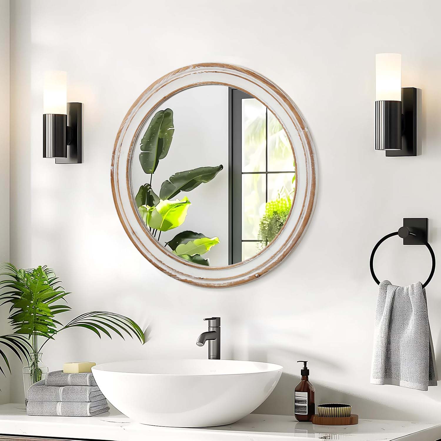 Kenvary 24" French Country Round Wall Mirror, Vintage Wood Frame Vanity Mirror for Premium Bathroom, Shabby Chic Distressed White Decorative Mirror