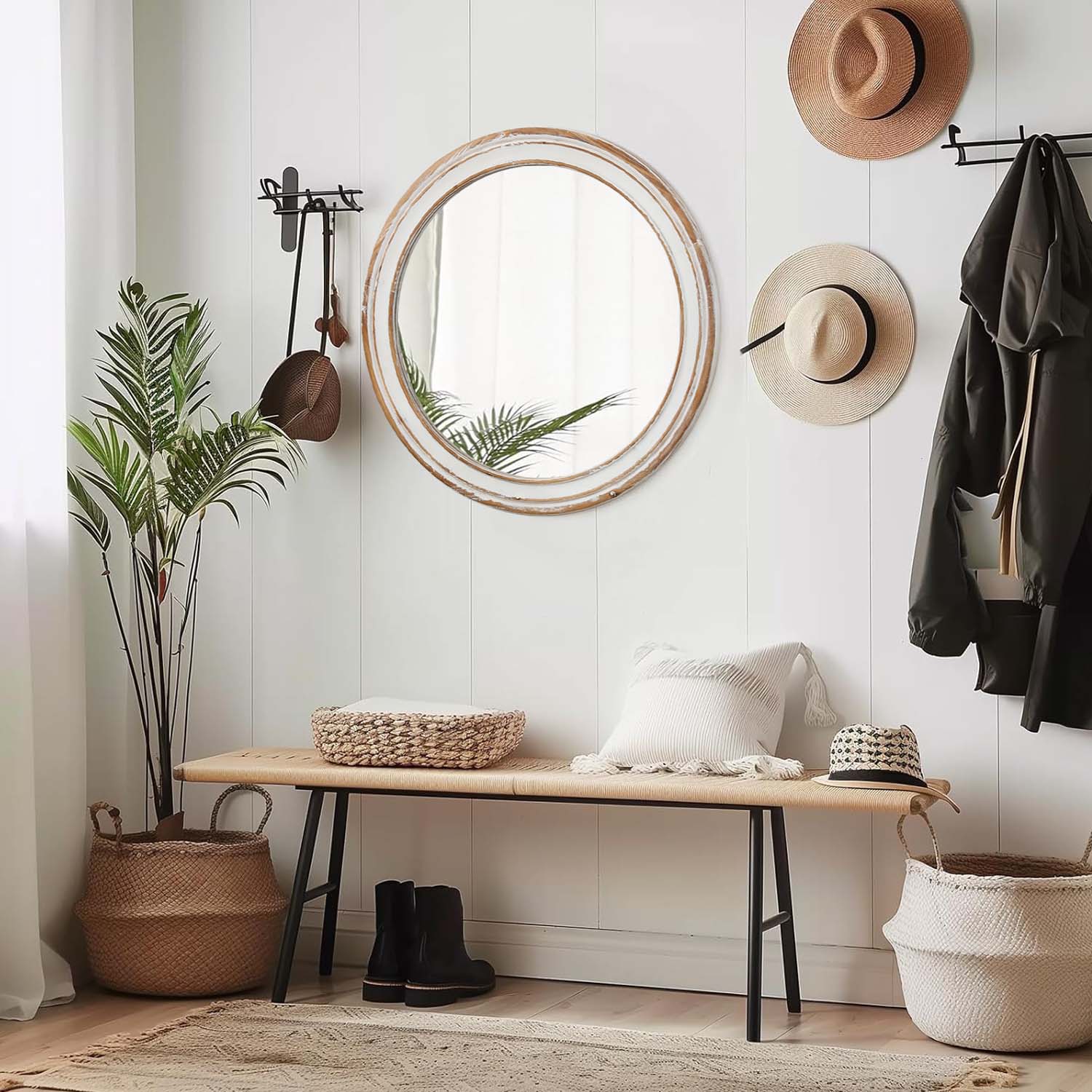 Kenvary 24" French Country Round Wall Mirror, Vintage Wood Frame Vanity Mirror for Premium Bathroom, Shabby Chic Distressed White Decorative Mirror