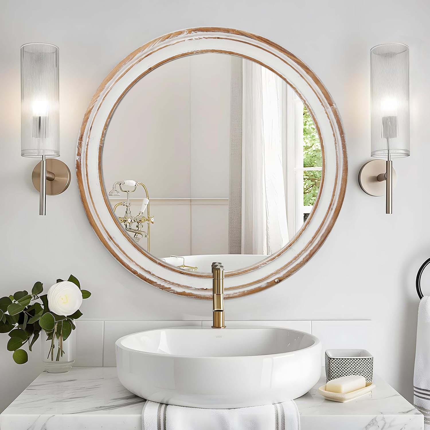 Kenvary 24" French Country Round Wall Mirror, Vintage Wood Frame Vanity Mirror for Premium Bathroom, Shabby Chic Distressed White Decorative Mirror