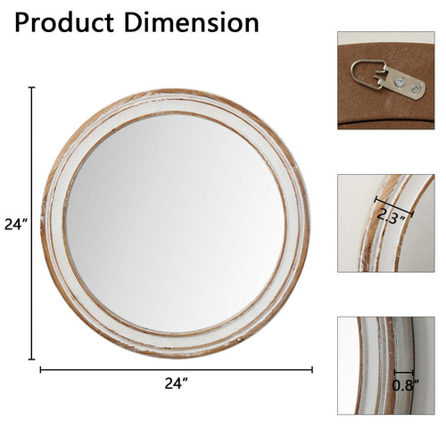 Kenvary 24" French Country Round Wall Mirror, Vintage Wood Frame Vanity Mirror for Premium Bathroom, Shabby Chic Distressed White Decorative Mirror