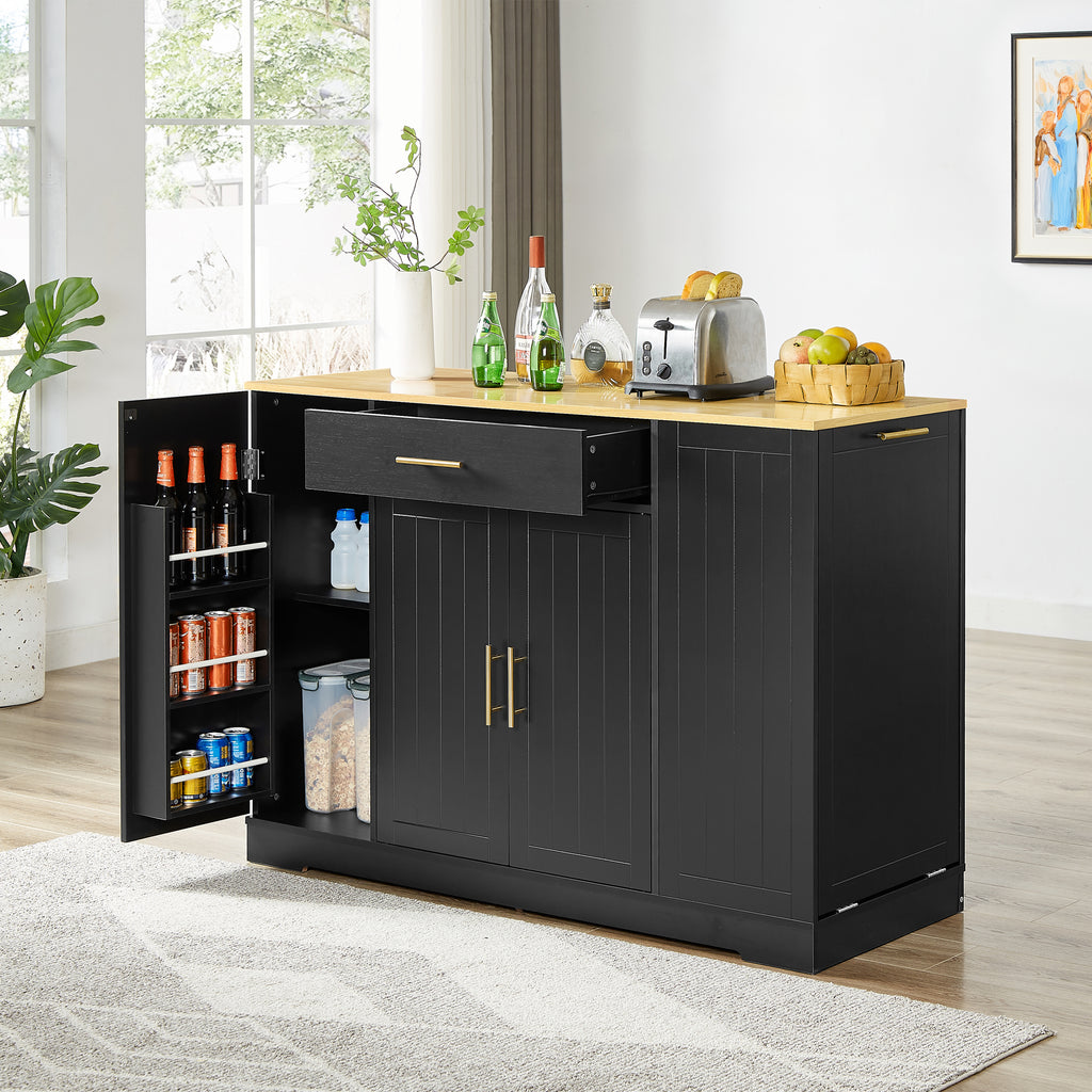 Kenvary Kitchen Island with Tilt-Out Trash Bin Cabinet, Mobile Storage Cart with Wood Top, Large Drawer & Adjustable Shelves, Free-Standing Spice Rack Buffet Cabinet for Home Kitchen