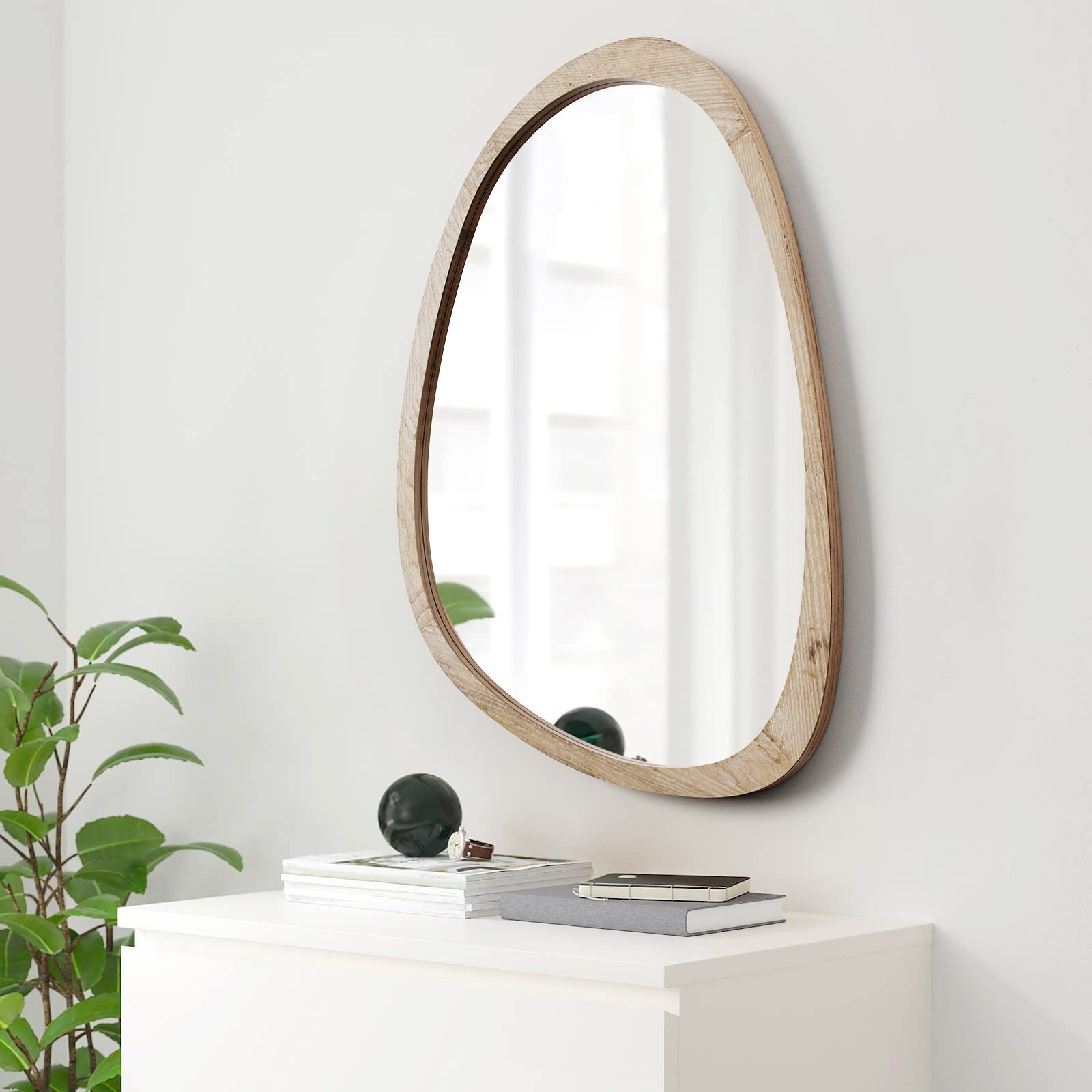 Kenvary Mid-Century Asymmetrical Pebble Wall Mirror, Irregular Organic Shaped Wooden Framed Decorative Mirror, Wabi-Sabi Teardrop Hanging Vanity Mirror for Entryway, Bathroom & Living Room