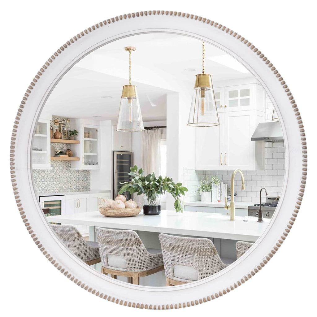 Kenvary Rustic Round Beaded Wood Wall Mirror, French Country Distressed White Framed Decorative Mirror, Farmhouse Circular Hanging Vanity Mirror for Entryway, Bathroom & Living Room