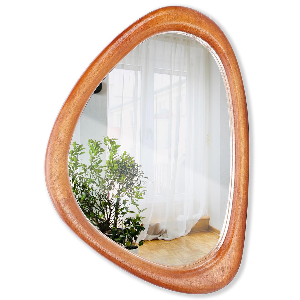 Kenvary Mid-Century Asymmetrical Triangle Wall Mirror, Irregular Pebble Organic Shaped Decorative Mirror, Thick Sculpted Warm Wood Framed Vanity Mirror for Entryway, Bathroom & Living Room