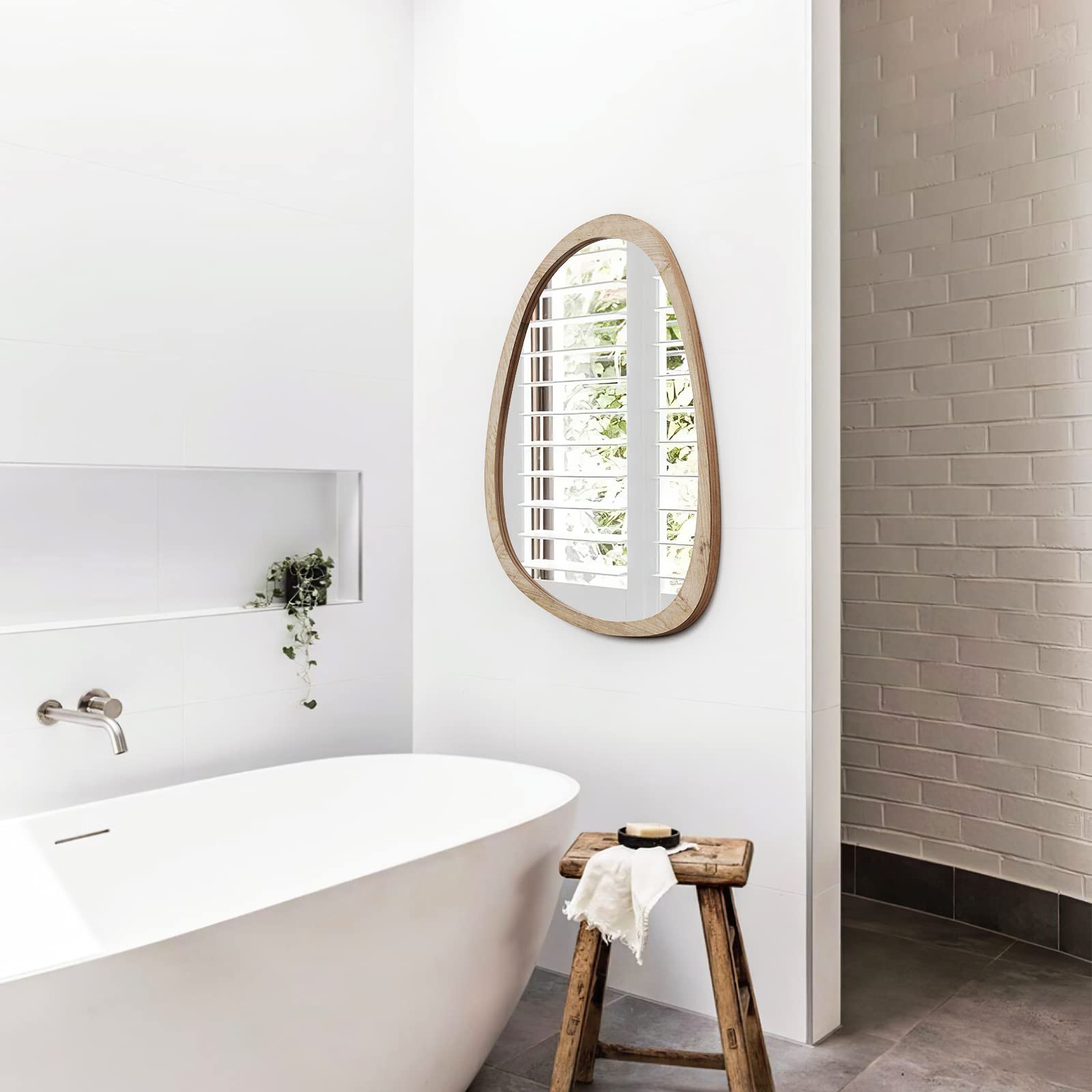 Kenvary Mid-Century Asymmetrical Pebble Wall Mirror, Irregular Organic Shaped Wooden Framed Decorative Mirror, Wabi-Sabi Teardrop Hanging Vanity Mirror for Entryway, Bathroom & Living Room