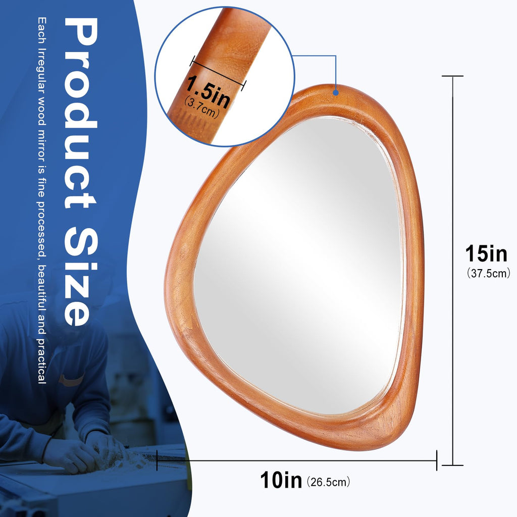 Kenvary Mid-Century Asymmetrical Triangle Wall Mirror, Irregular Pebble Organic Shaped Decorative Mirror, Thick Sculpted Warm Wood Framed Vanity Mirror for Entryway, Bathroom & Living Room