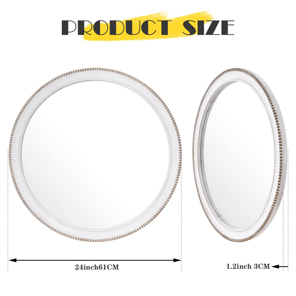 Kenvary Rustic Round Beaded Wood Wall Mirror, French Country Distressed White Framed Decorative Mirror, Farmhouse Circular Hanging Vanity Mirror for Entryway, Bathroom & Living Room