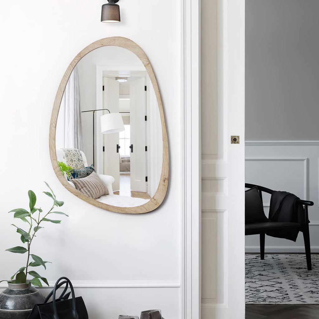 Kenvary Mid-Century Asymmetrical Pebble Wall Mirror, Irregular Organic Shaped Wooden Framed Decorative Mirror, Wabi-Sabi Teardrop Hanging Vanity Mirror for Entryway, Bathroom & Living Room