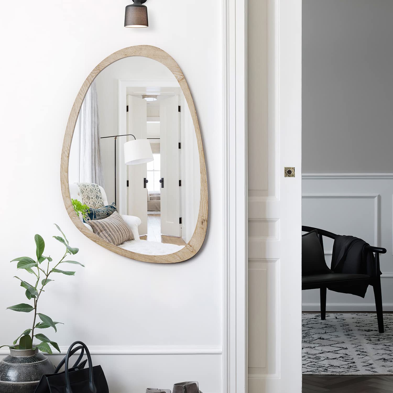 Kenvary Mid-Century Asymmetrical Pebble Wall Mirror, Irregular Organic Shaped Wooden Framed Decorative Mirror, Wabi-Sabi Teardrop Hanging Vanity Mirror for Entryway, Bathroom & Living Room