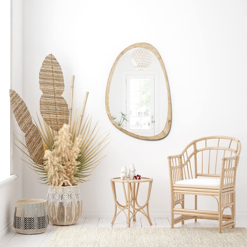 Kenvary Mid-Century Asymmetrical Pebble Wall Mirror, Irregular Organic Shaped Wooden Framed Decorative Mirror, Wabi-Sabi Teardrop Hanging Vanity Mirror for Entryway, Bathroom & Living Room