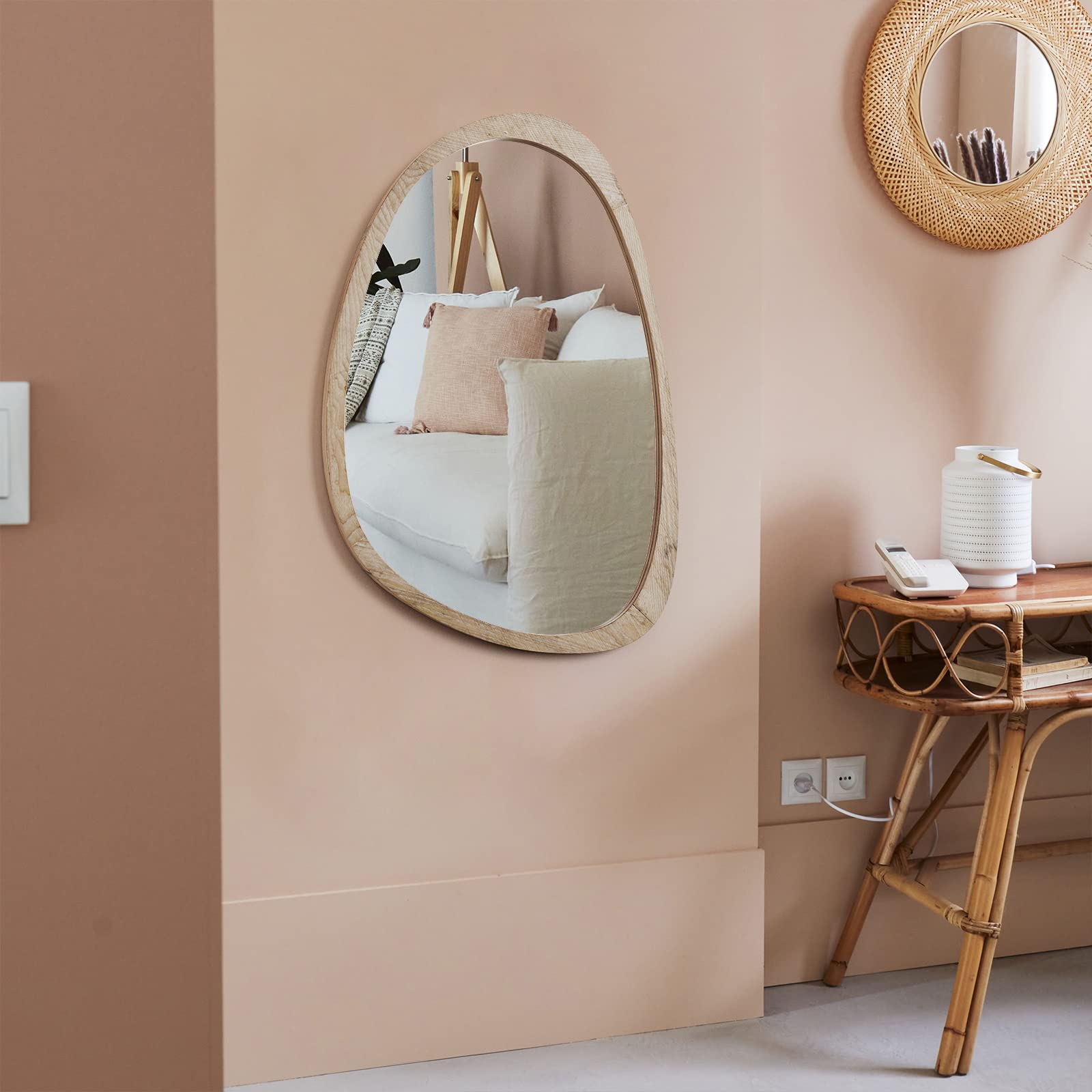 Kenvary Mid-Century Asymmetrical Pebble Wall Mirror, Irregular Organic Shaped Wooden Framed Decorative Mirror, Wabi-Sabi Teardrop Hanging Vanity Mirror for Entryway, Bathroom & Living Room