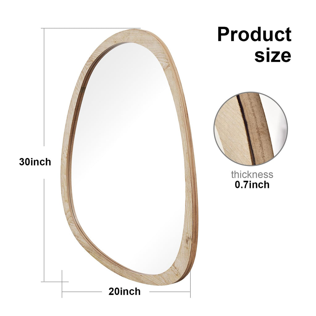 Kenvary Mid-Century Asymmetrical Pebble Wall Mirror, Irregular Organic Shaped Wooden Framed Decorative Mirror, Wabi-Sabi Teardrop Hanging Vanity Mirror for Entryway, Bathroom & Living Room
