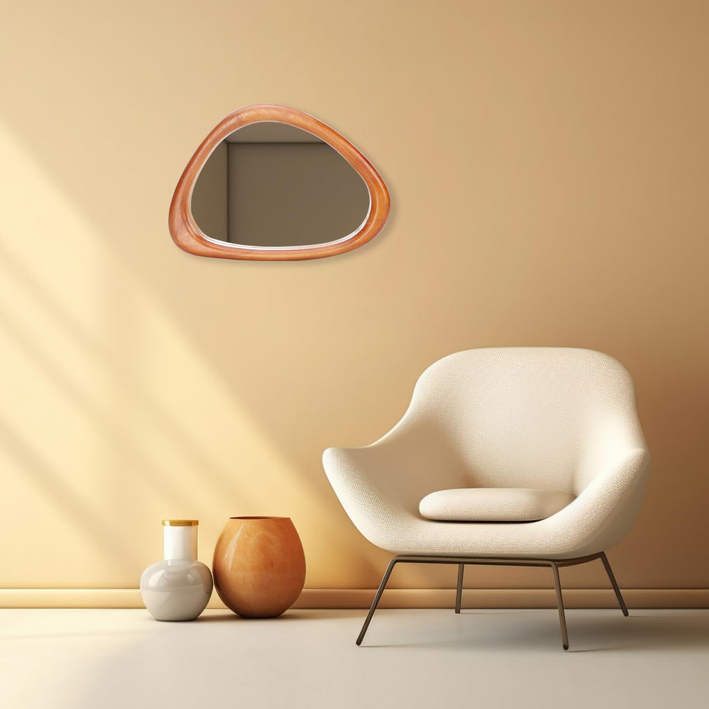 Kenvary Mid-Century Asymmetrical Triangle Wall Mirror, Irregular Pebble Organic Shaped Decorative Mirror, Thick Sculpted Warm Wood Framed Vanity Mirror for Entryway, Bathroom & Living Room