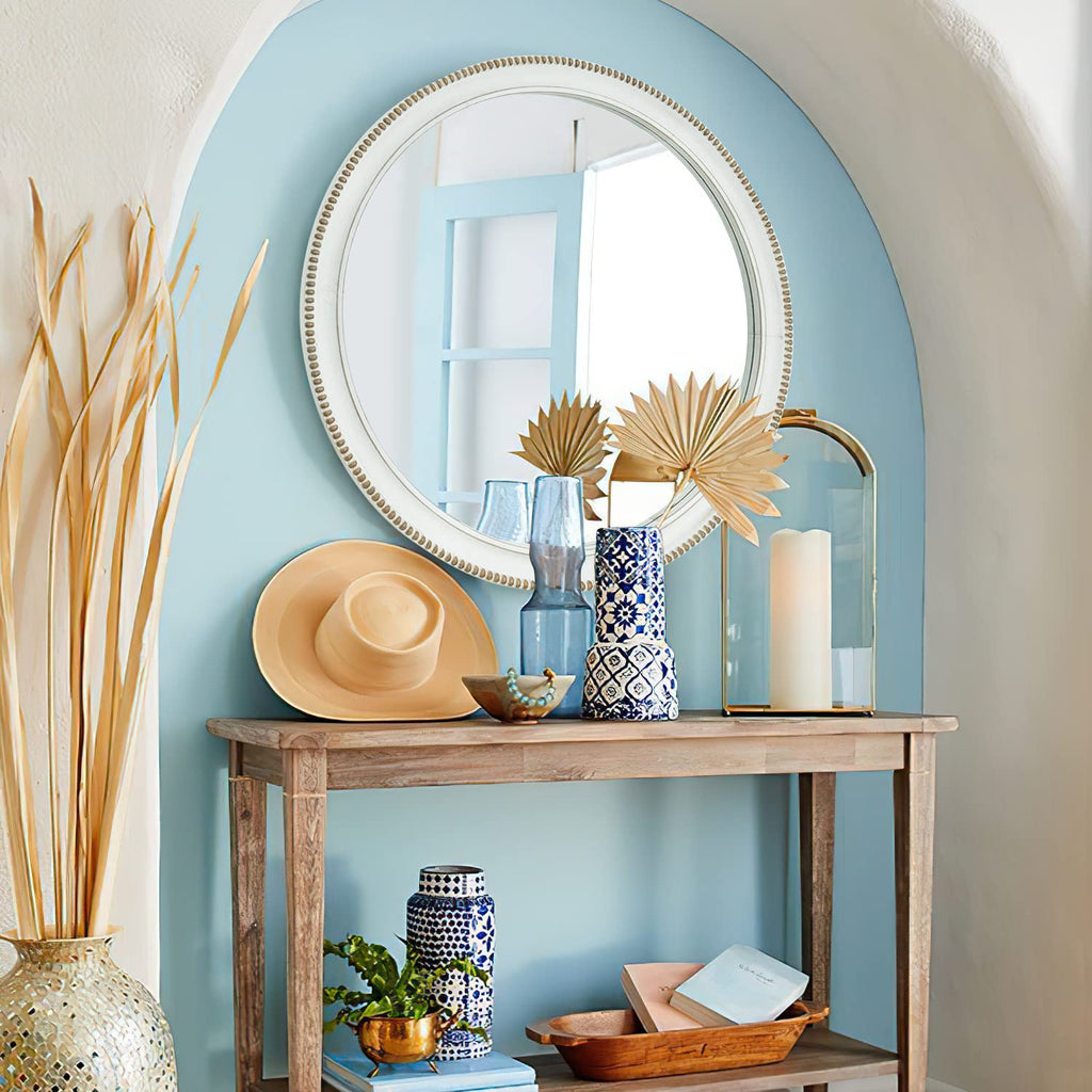 Kenvary Rustic Round Beaded Wood Wall Mirror, French Country Distressed White Framed Decorative Mirror, Farmhouse Circular Hanging Vanity Mirror for Entryway, Bathroom & Living Room