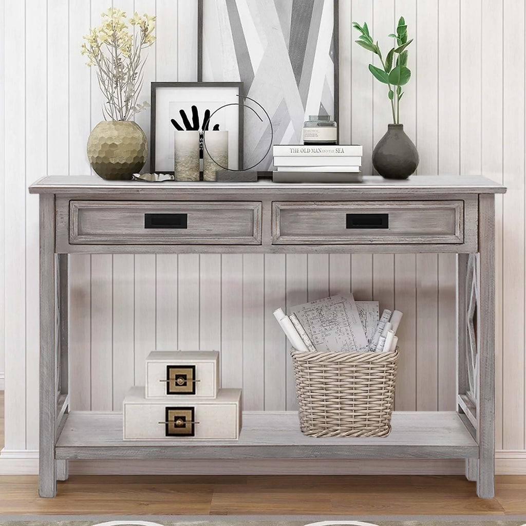 Kenvary Rustic Wood Console Table with 2 Drawers, Coastal Farmhouse Sofa Table with Open Storage Shelf & Geometric Cutout Sides, Distressed White-Washed Entryway Accent Credenza for Living Room & Hallway